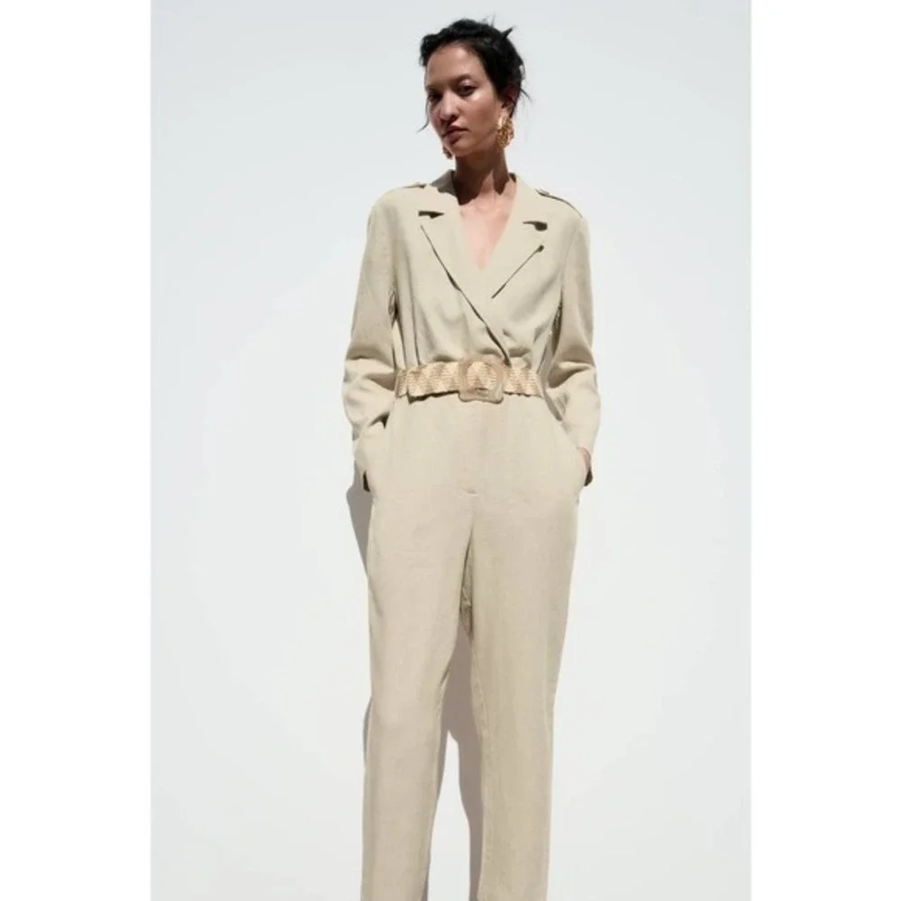 ZARA linen blend belted long sleeve jumpsuit 2157/057 A5